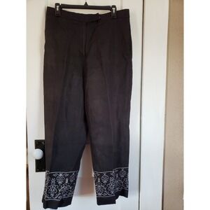 Carroll Reed Women Black 100% Linen Pants embroidered‎ hem 12